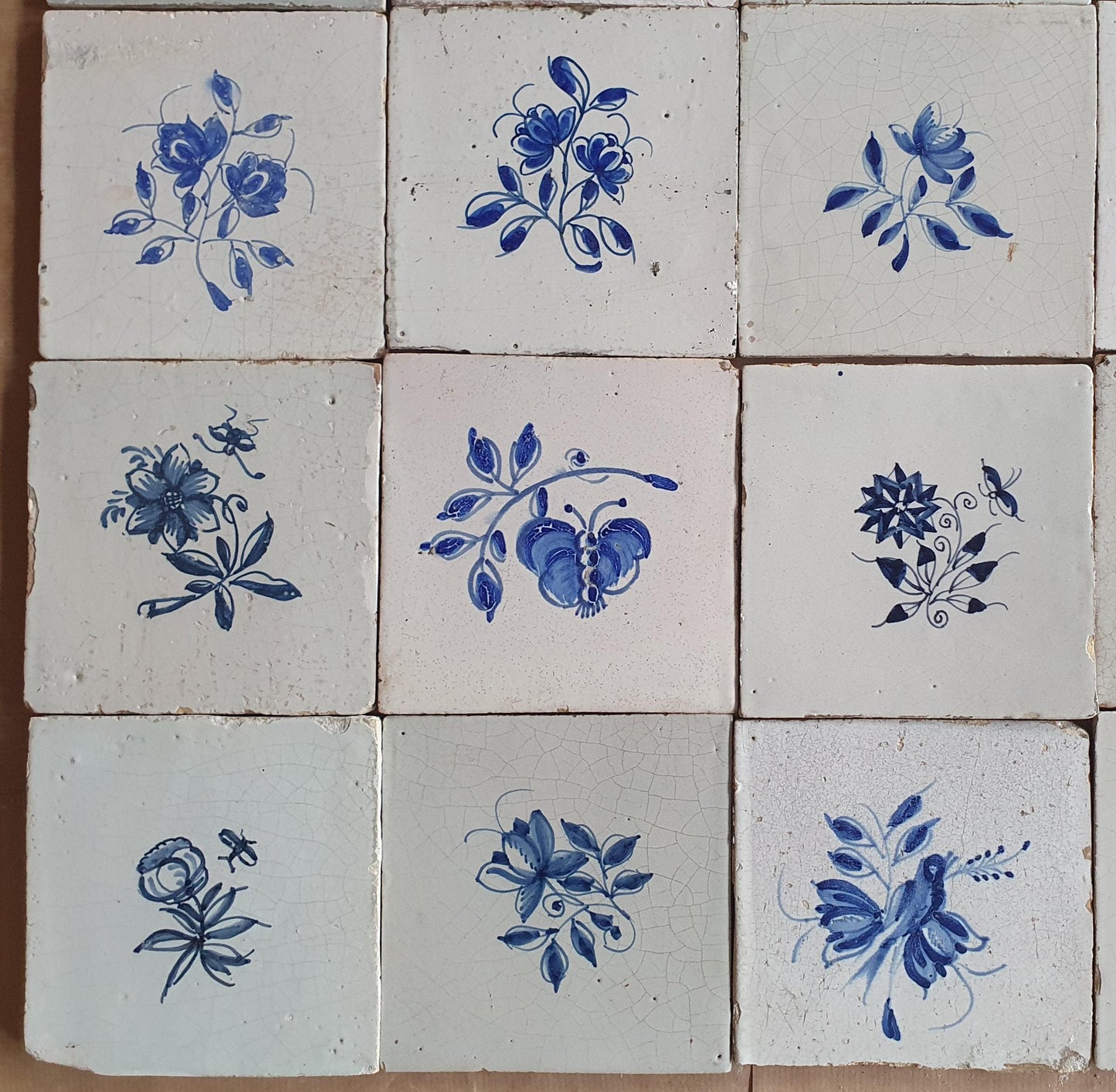 20 Antique Delft Tiles, 18th-19th Century, Floral Blue, 5.1x5.1 inch