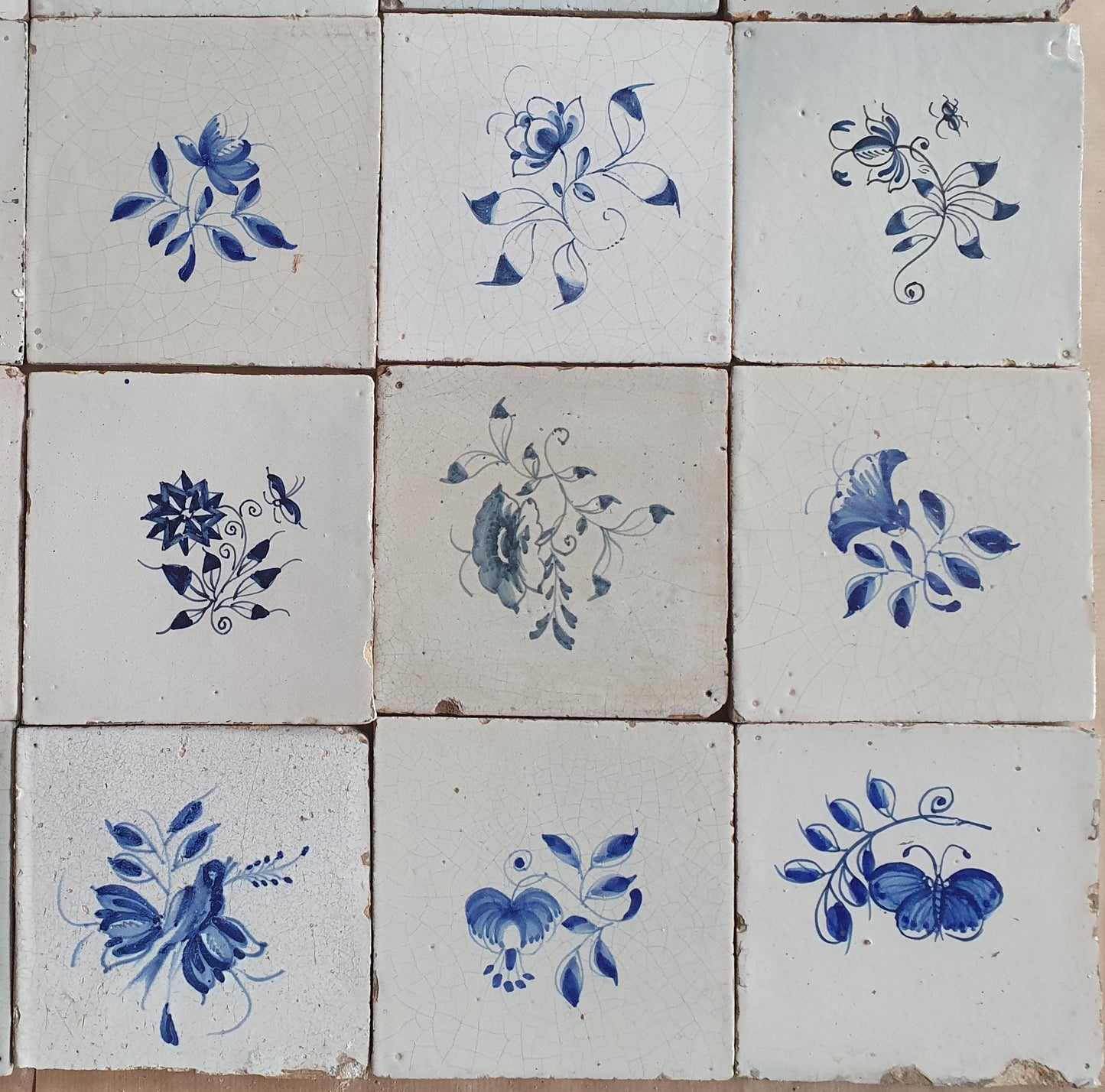 20 Antique Delft Tiles, 18th-19th Century, Floral Blue, 5.1x5.1 inch
