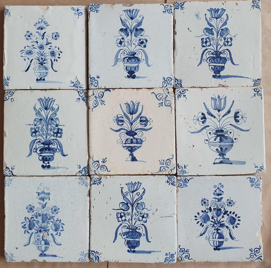 Antique Delft Tulip Tiles, 17th Century Dutch Wall Decor, Set of 9
