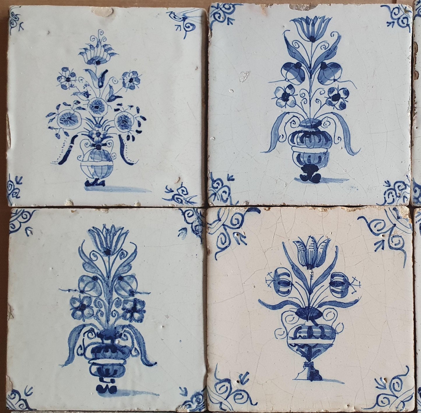 Antique Delft Tulip Tiles, 17th Century Dutch Wall Decor, Set of 9