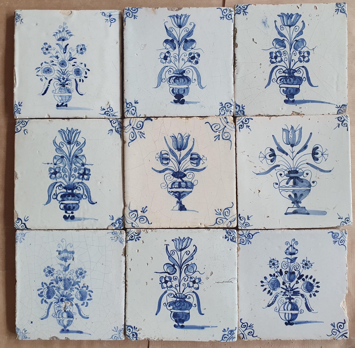 Antique Delft Tulip Tiles, 17th Century Dutch Wall Decor, Set of 9