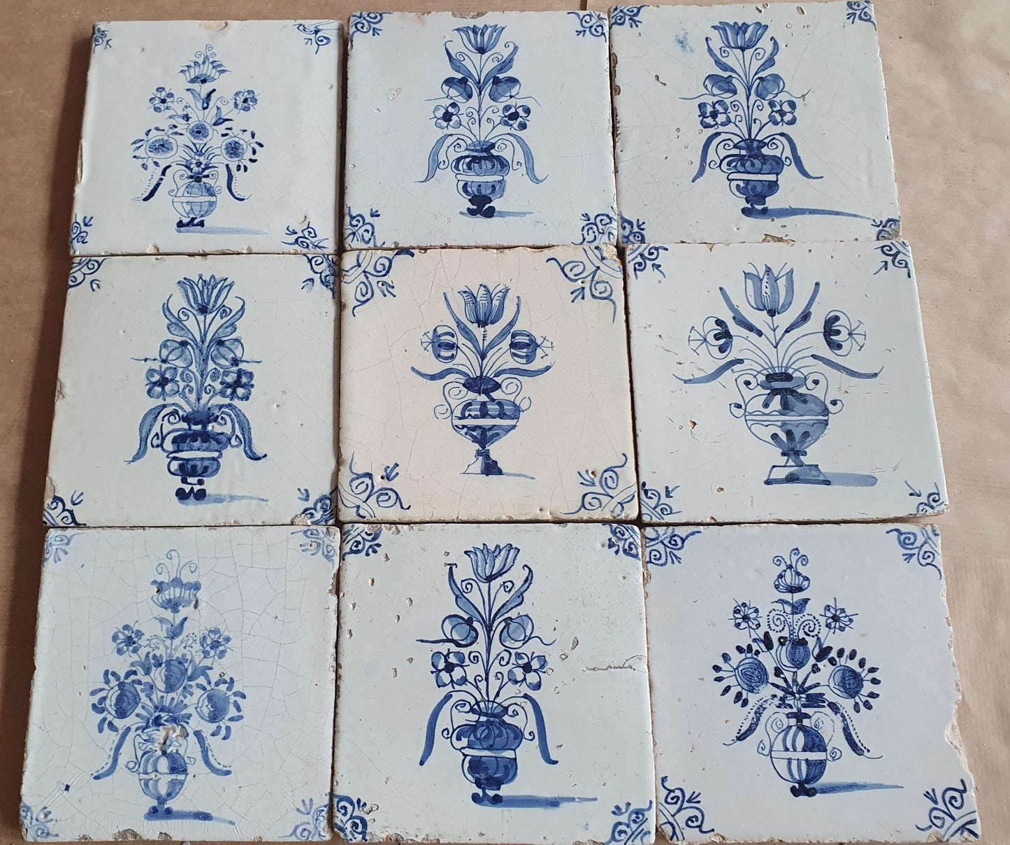 Antique Delft Tulip Tiles, 17th Century Dutch Wall Decor, Set of 9