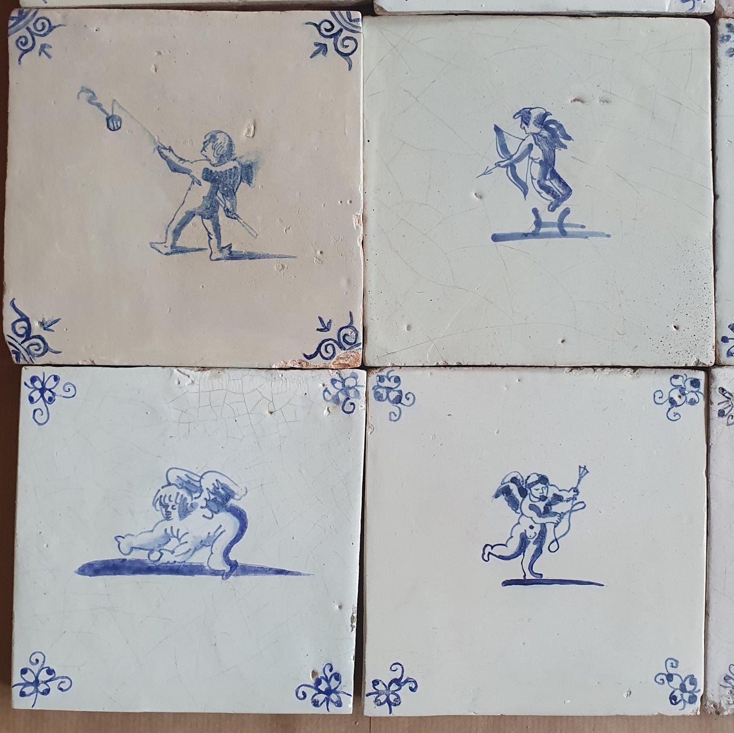 Antique Delft Tiles - 1660 Cupid Design, Holland, Set of 9