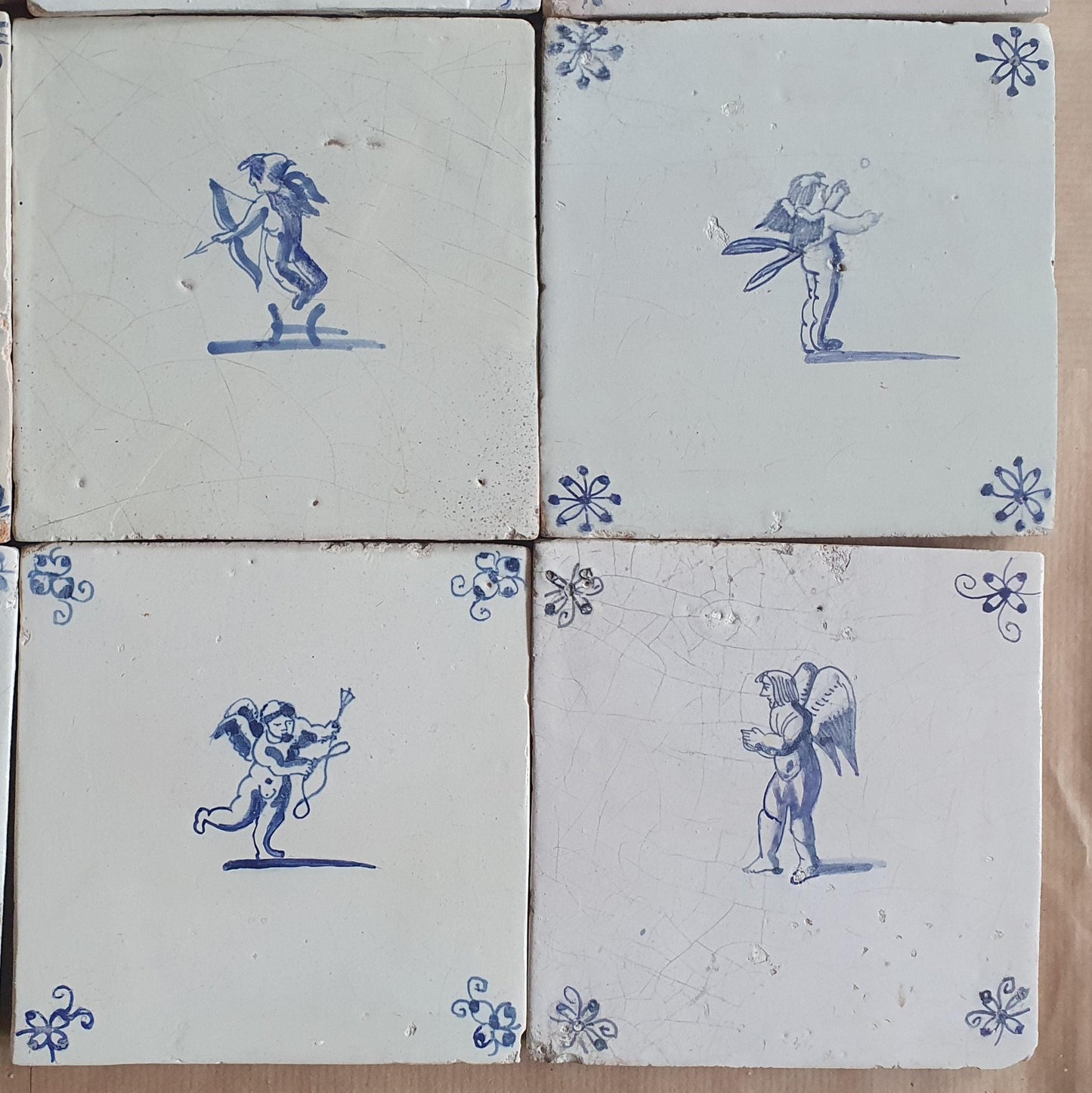 Antique Delft Tiles - 1660 Cupid Design, Holland, Set of 9