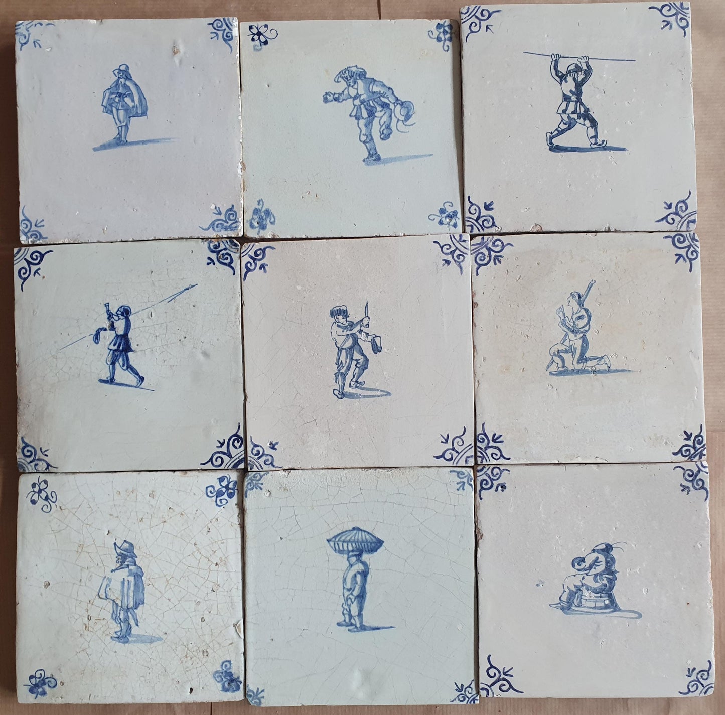 Antique Delft Tiles - 1660 figures Design, Holland, Set of 9