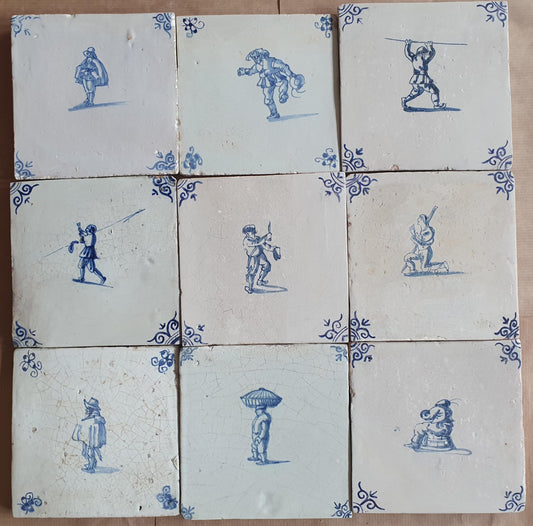 Antique Delft Tiles - 1660 figures Design, Holland, Set of 9