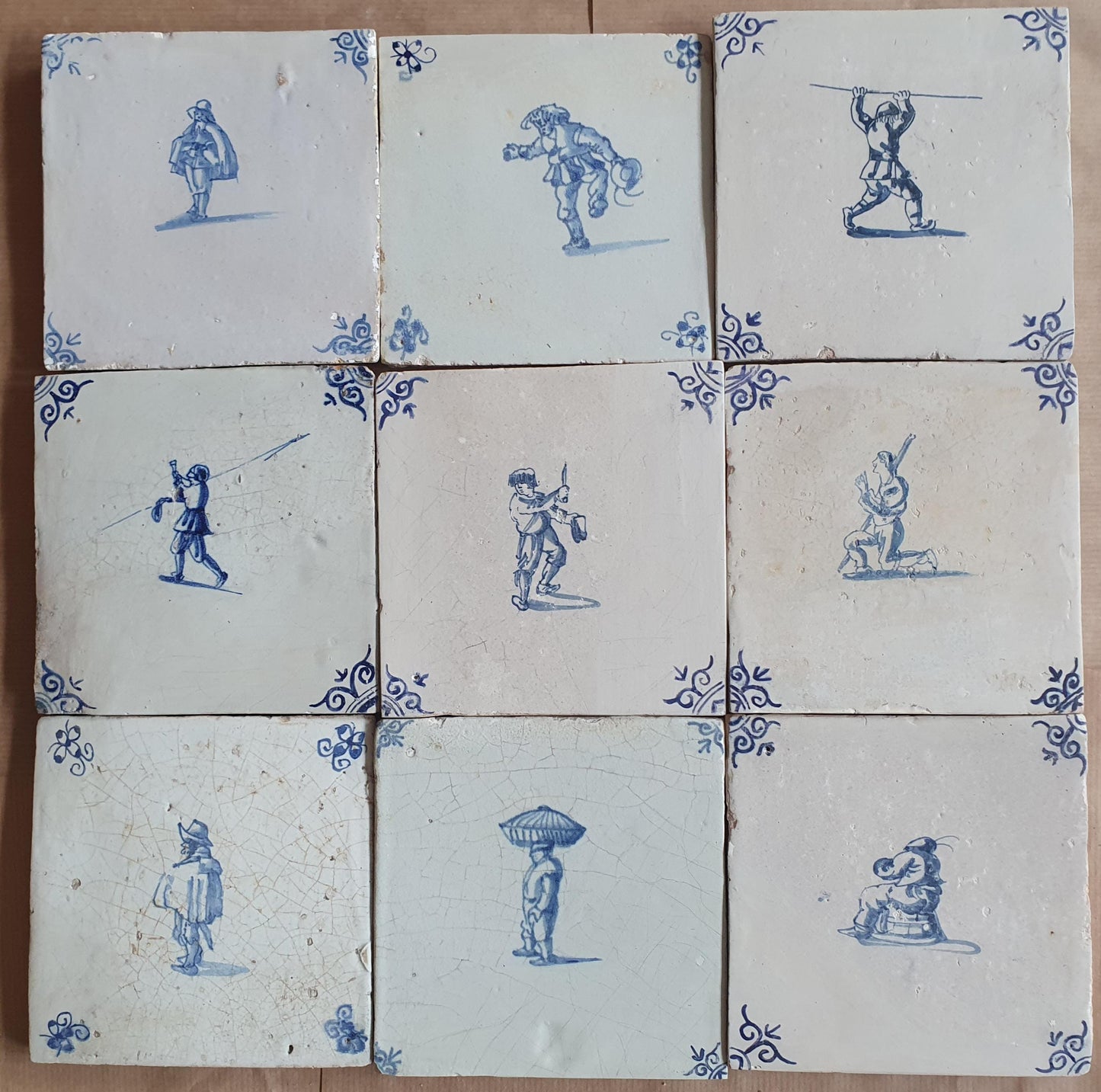 Antique Delft Tiles - 1660 figures Design, Holland, Set of 9