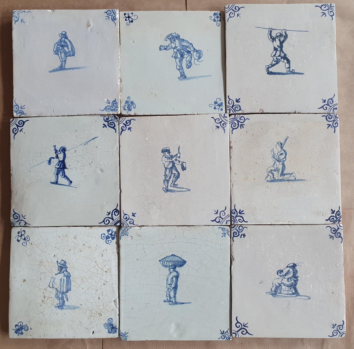 Antique Delft Tiles - 1660 figures Design, Holland, Set of 9