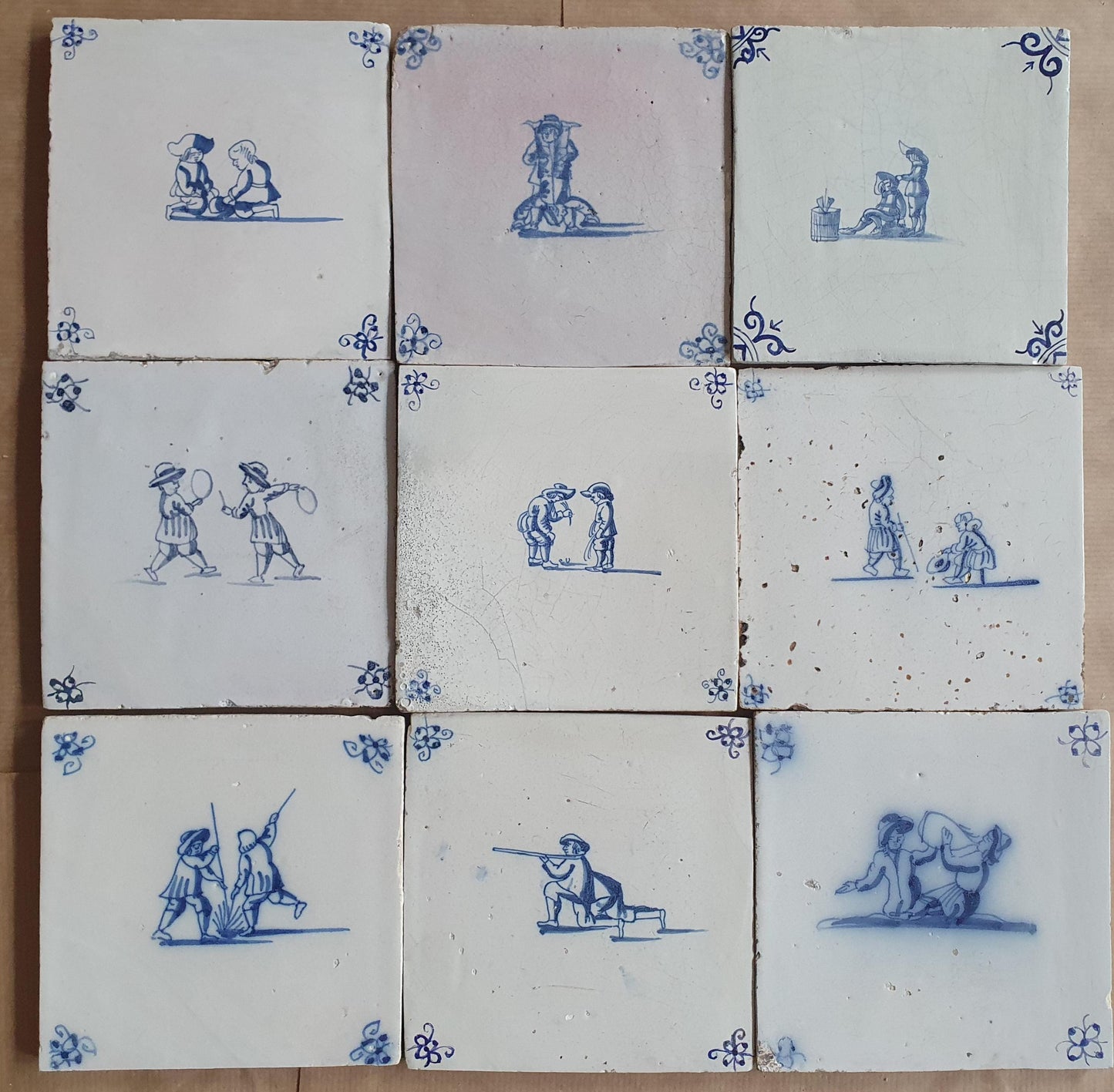 Antique Delft Tiles -  Children games Design, Holland, Set of 9