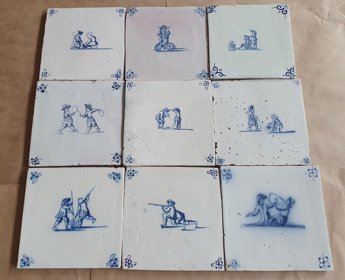 Antique Delft Tiles -  Children games Design, Holland, Set of 9