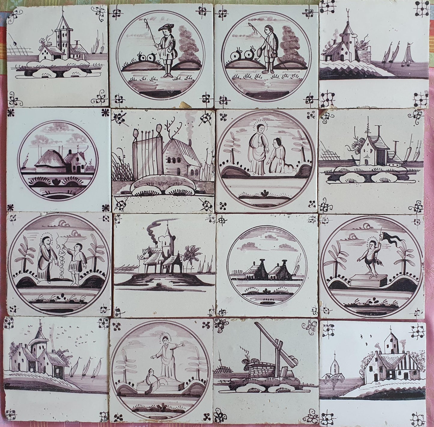 16 x Dutch Delft Mangaan Tiles, Landschape, 19th century, antique collectable and backsplash fireplace kitchen tiles