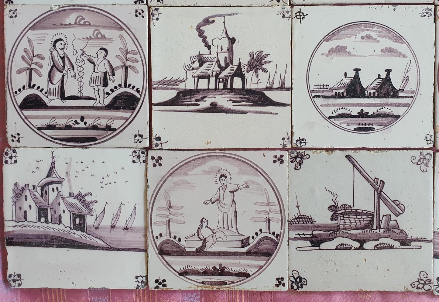 16 x Dutch Delft Mangaan Tiles, Landschape, 19th century, antique collectable and backsplash fireplace kitchen tiles