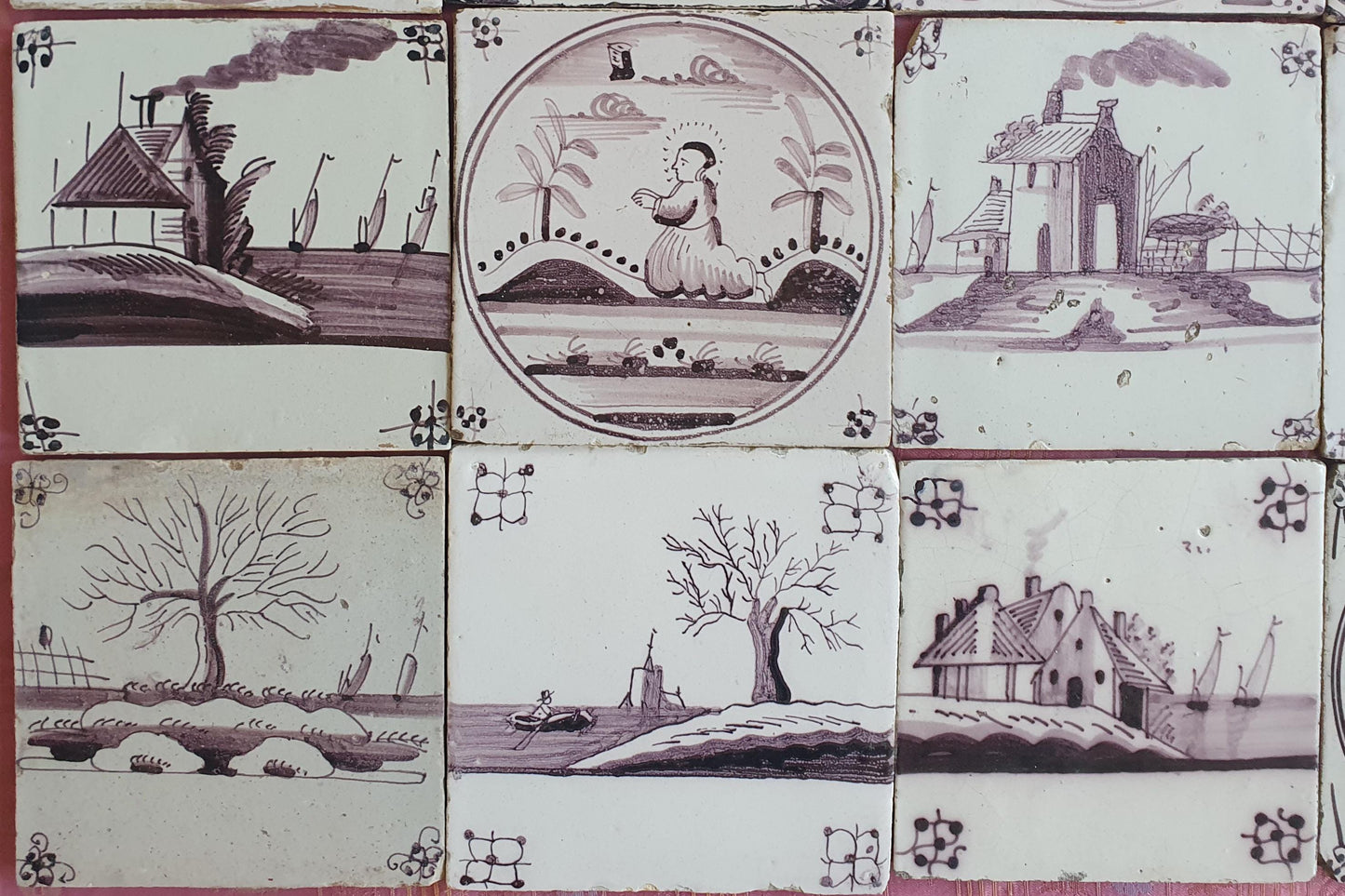 16 x Dutch Delft Mangaan Tiles, Landschape, 19th century, antique collectable and backsplash fireplace kitchen tiles