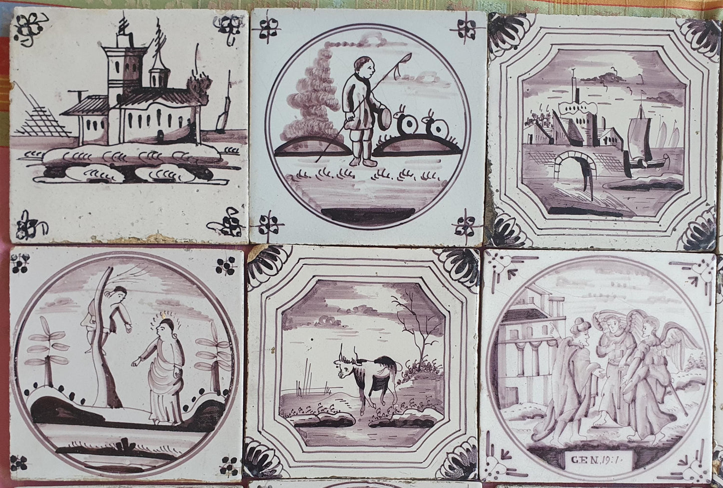 16 x Dutch Delft Mangaan Tiles, Landschape, 19th century, antique collectable and backsplash fireplace kitchen tiles