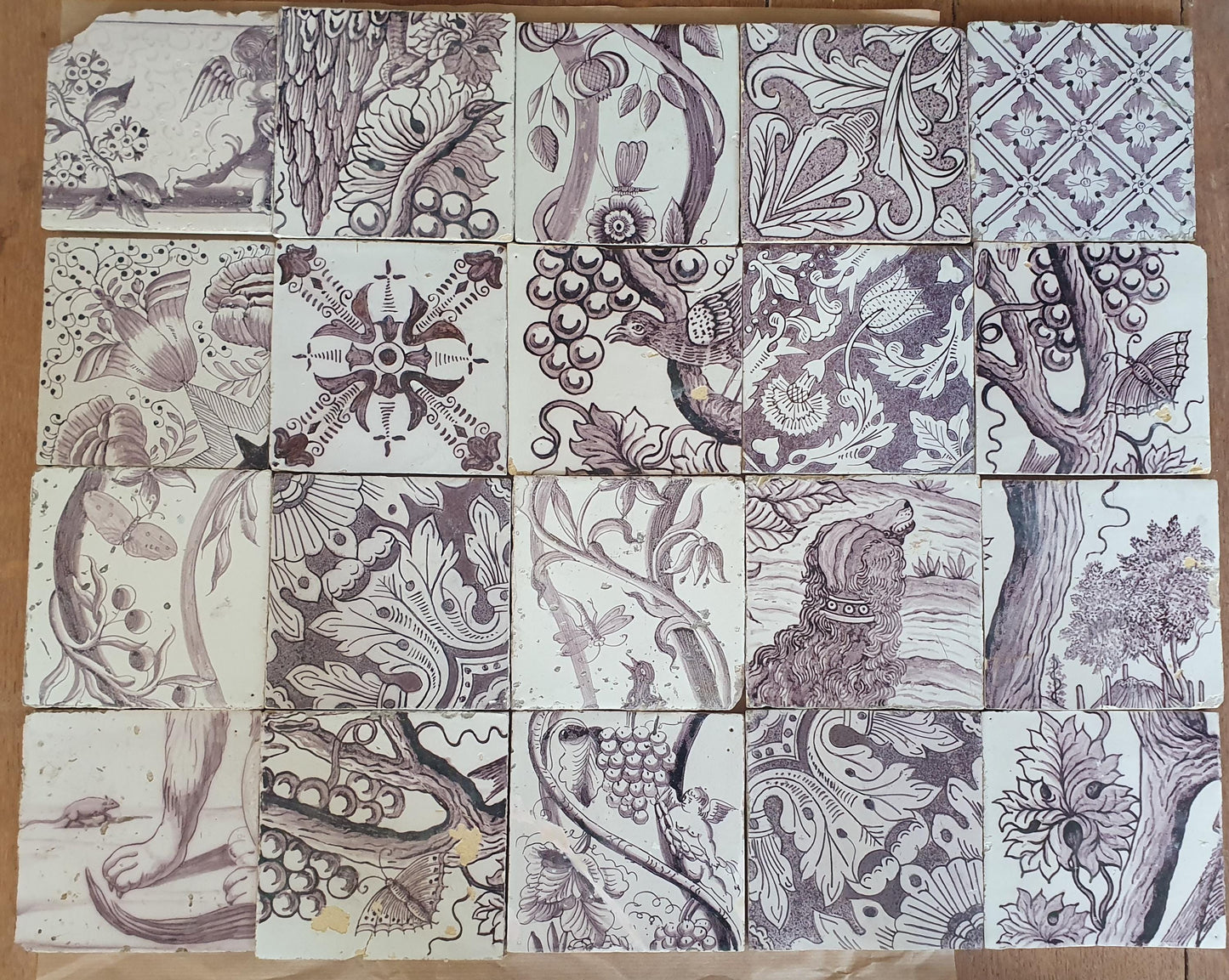 20 x Dutch Delft Mangaan Tiles, Mix, 19th century, tilepanel antique collectable and backsplash fireplace kitchen tiles