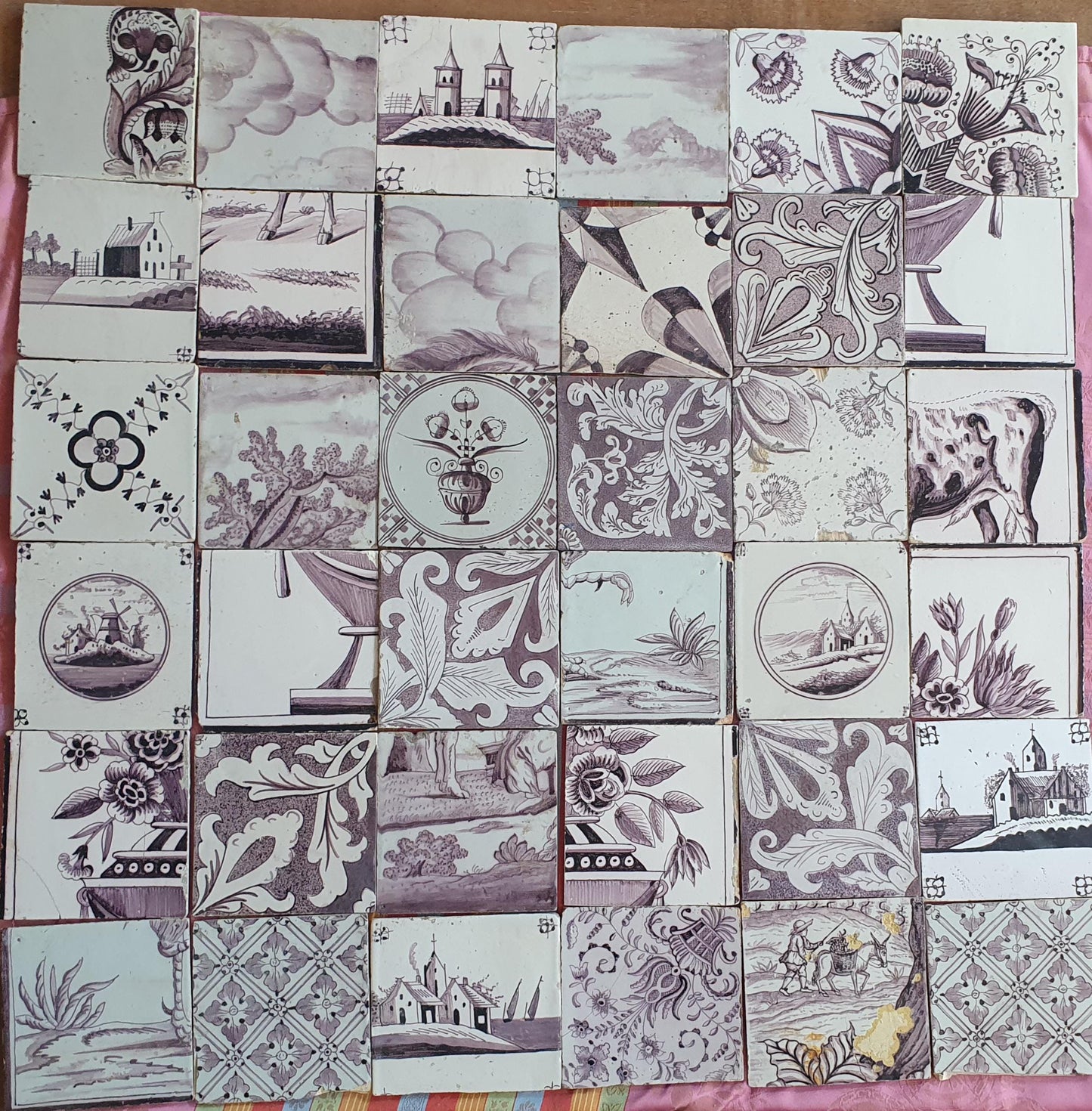 36 x Dutch Delft Mangaan Tiles, Mix, 19th century, tilepanel antique collectable and backsplash fireplace kitchen tiles