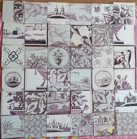 36 x Dutch Delft Mangaan Tiles, Mix, 19th century, tilepanel antique collectable and backsplash fireplace kitchen tiles