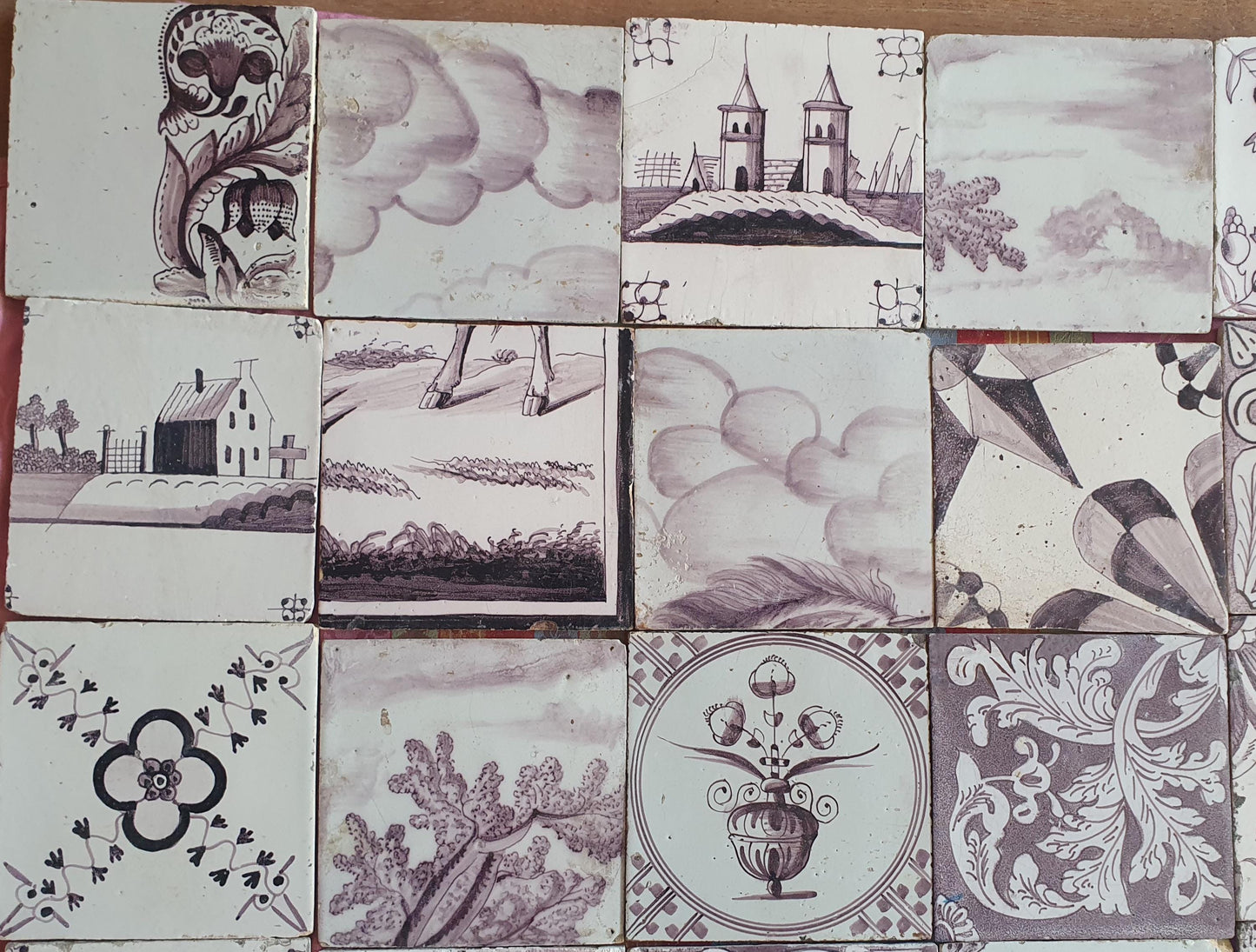 36 x Dutch Delft Mangaan Tiles, Mix, 19th century, tilepanel antique collectable and backsplash fireplace kitchen tiles