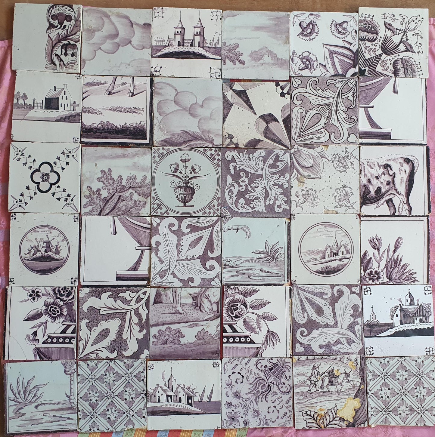 36 x Dutch Delft Mangaan Tiles, Mix, 19th century, tilepanel antique collectable and backsplash fireplace kitchen tiles
