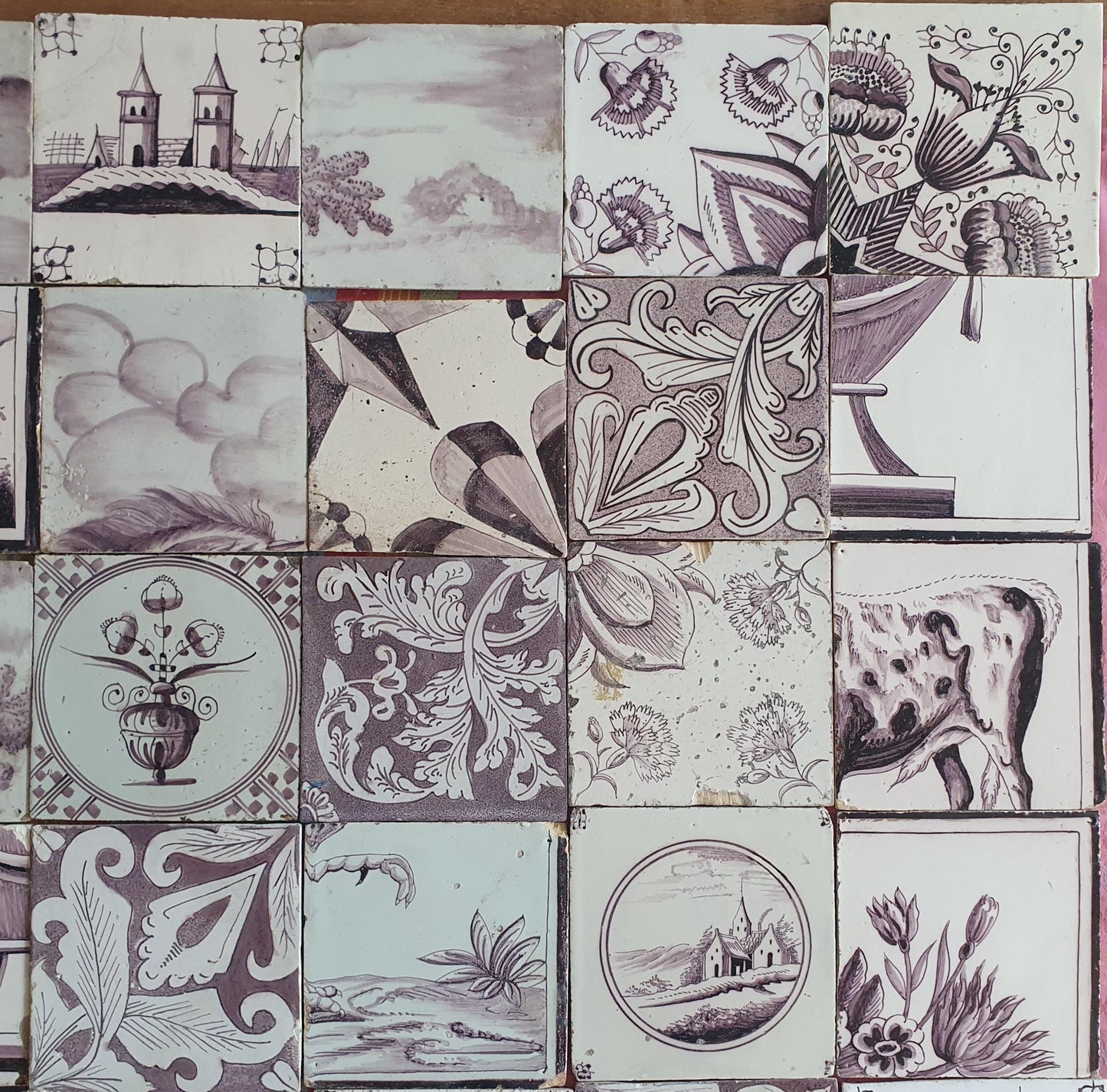 36 x Dutch Delft Mangaan Tiles, Mix, 19th century, tilepanel antique collectable and backsplash fireplace kitchen tiles