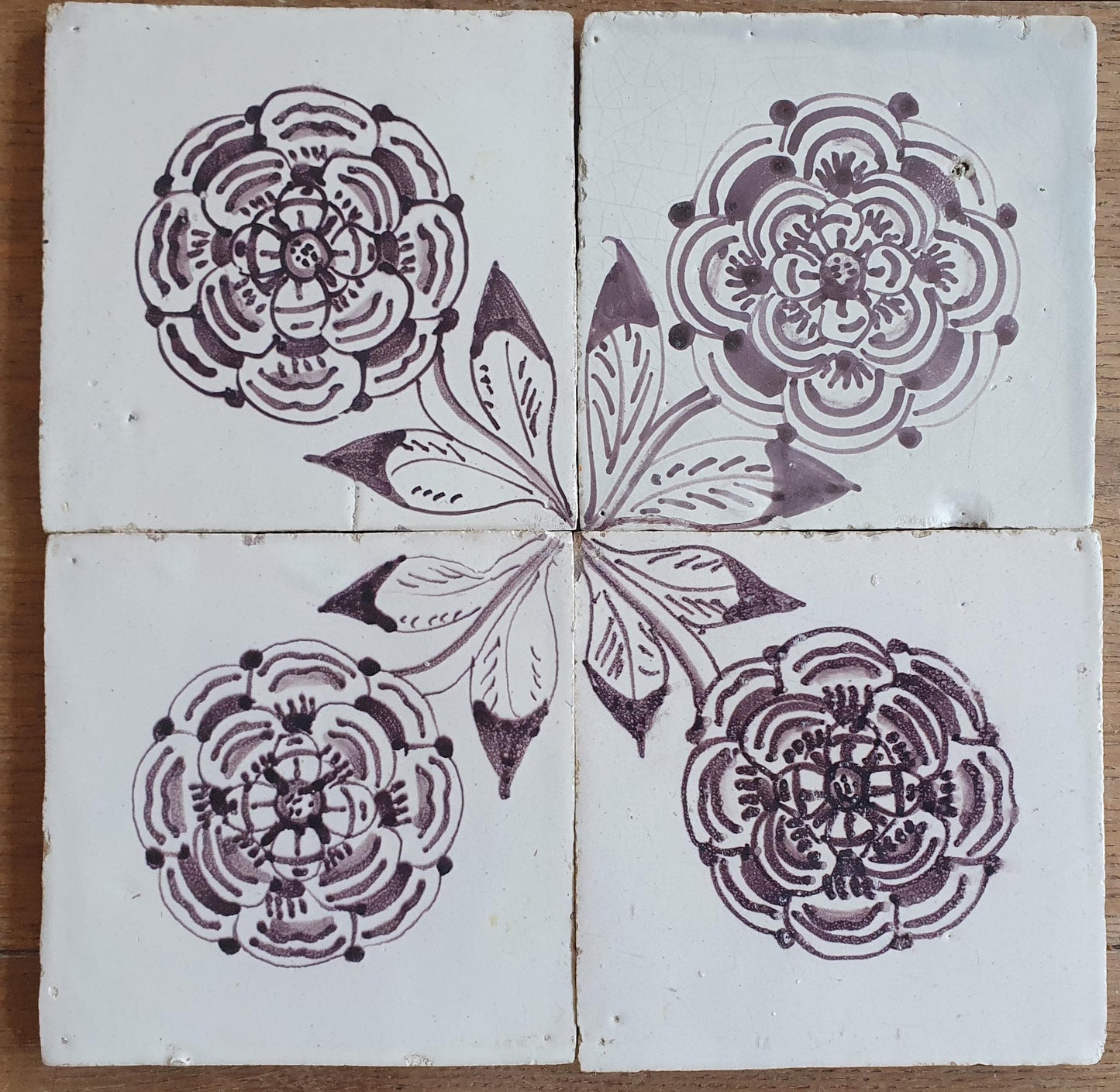 4 x Dutch Delft Mangaan Tiles, Flower, 18th century, antique collectable and backsplash fireplace kitchen tiles
