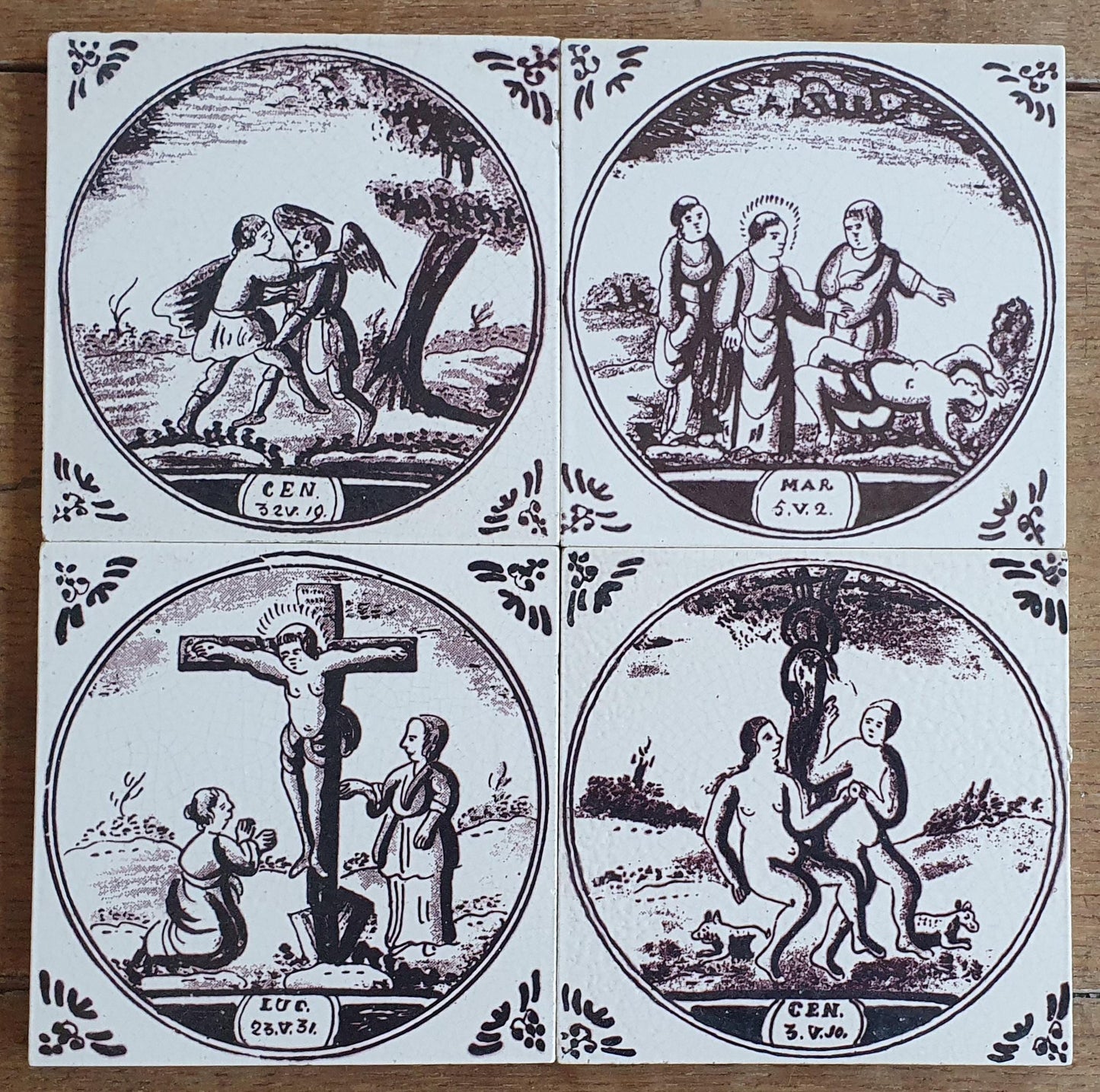 4 x Dutch Delft Mangaan, Bibel, Flower, 20th century, tilepanel antique collectable and backsplash fireplace kitchen tiles