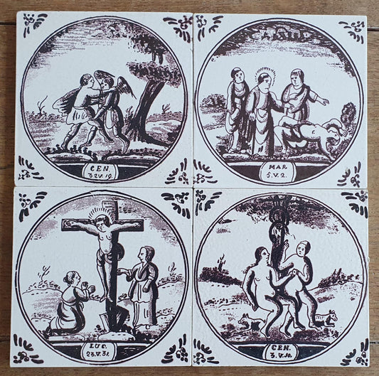 4 x Dutch Delft Mangaan, Bibel, Flower, 20th century, tilepanel antique collectable and backsplash fireplace kitchen tiles