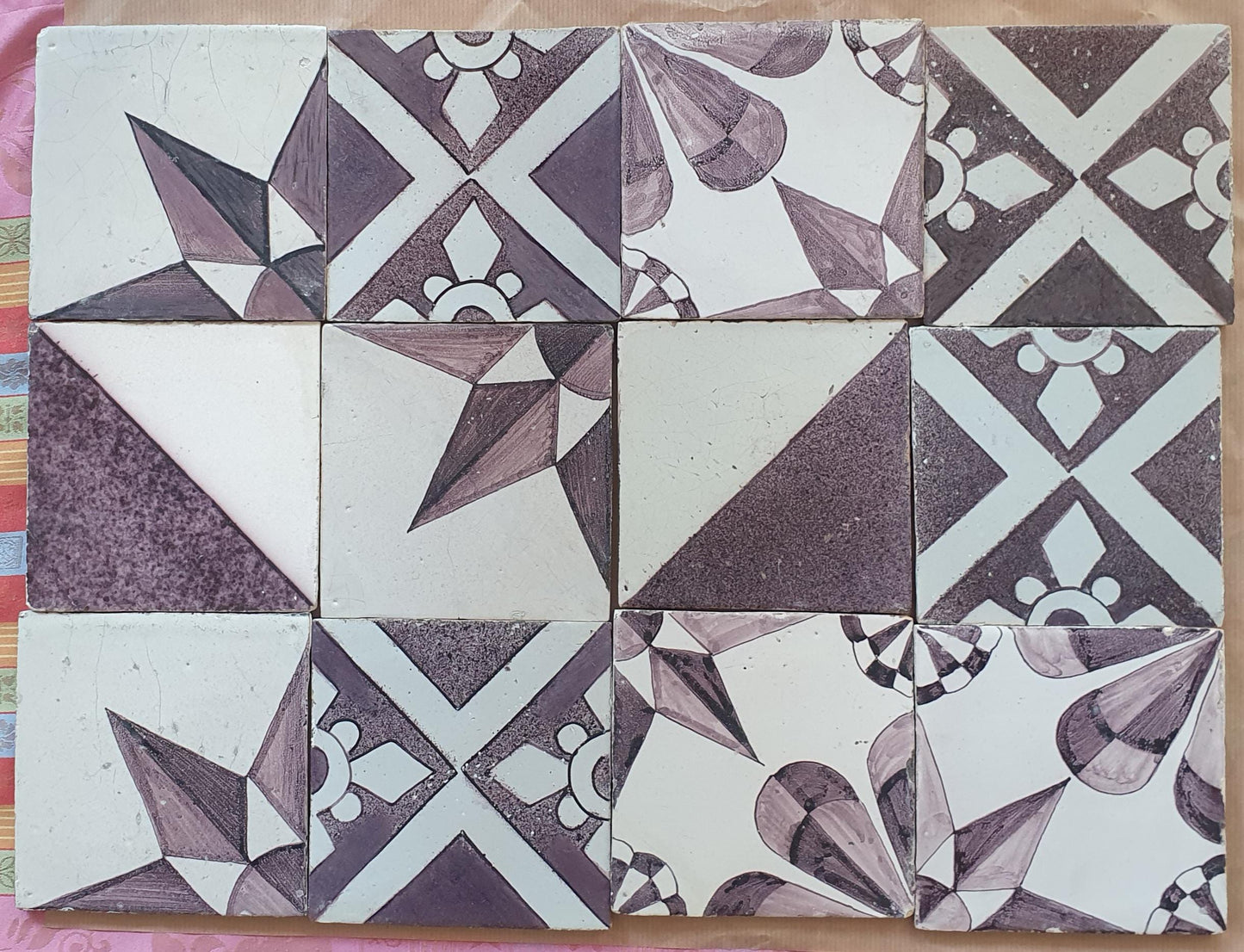 12 x Dutch Delft Mangaan Tiles, Mix, 19th century, antique collectable and backsplash fireplace kitchen tiles