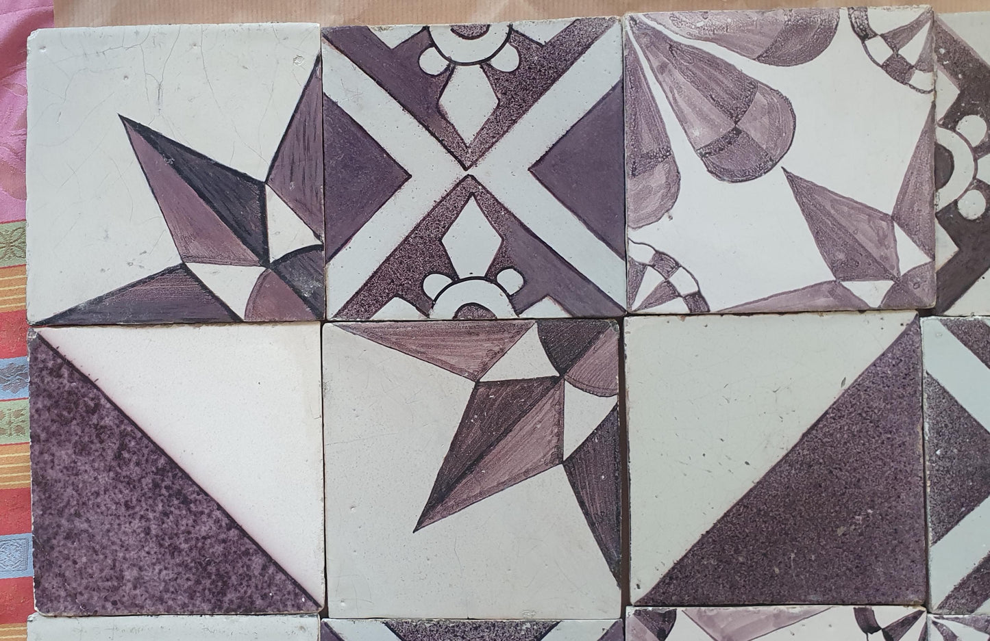 12 x Dutch Delft Mangaan Tiles, Mix, 19th century, antique collectable and backsplash fireplace kitchen tiles
