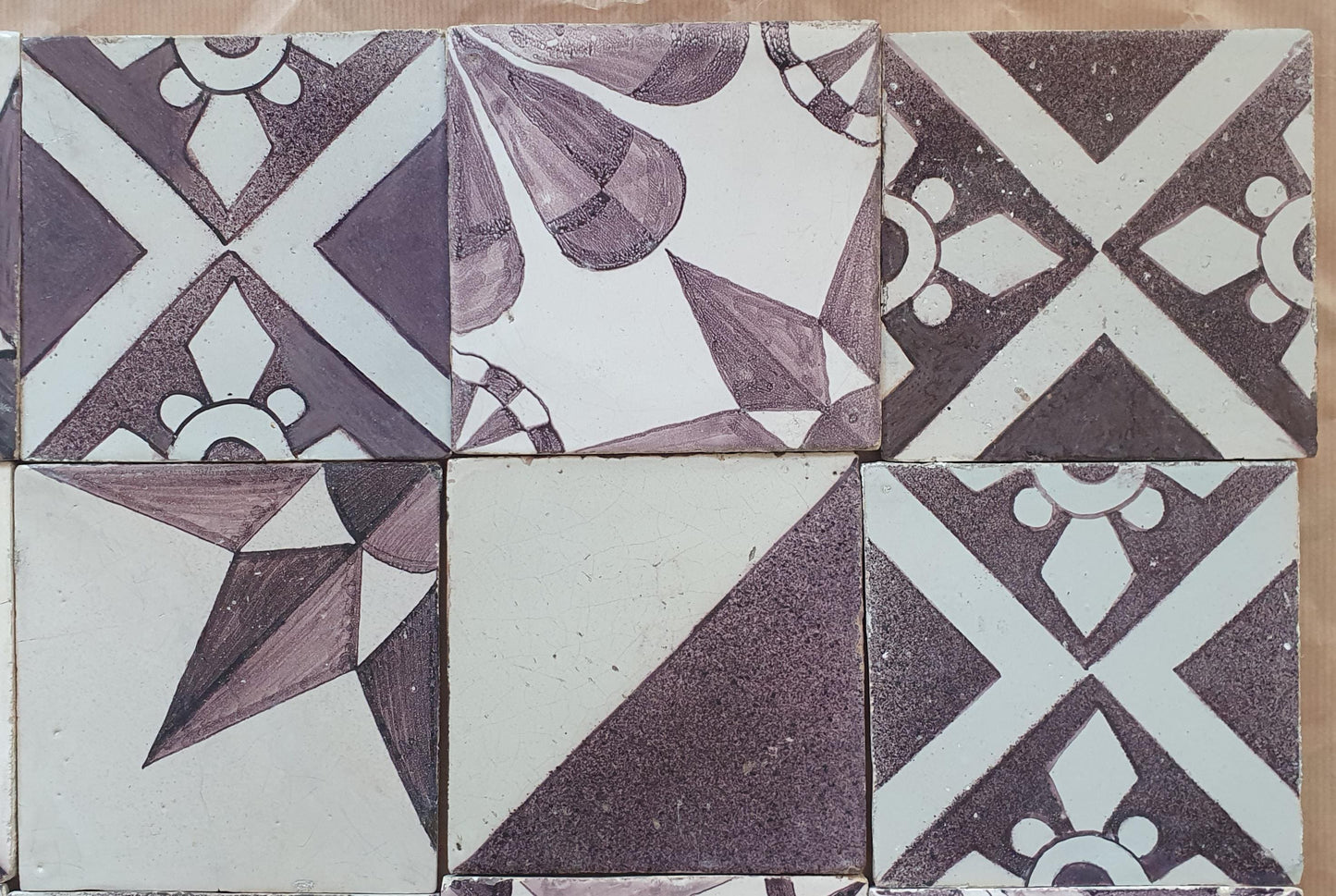 12 x Dutch Delft Mangaan Tiles, Mix, 19th century, antique collectable and backsplash fireplace kitchen tiles