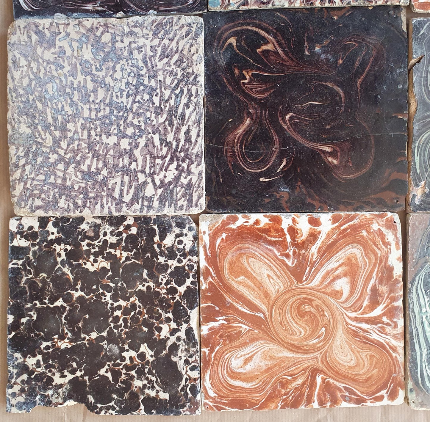 9 x Dutch Delft Mangaan Tiles, Mix, 18th century, tilepanel  antique collectable and backsplash fireplace kitchen tiles