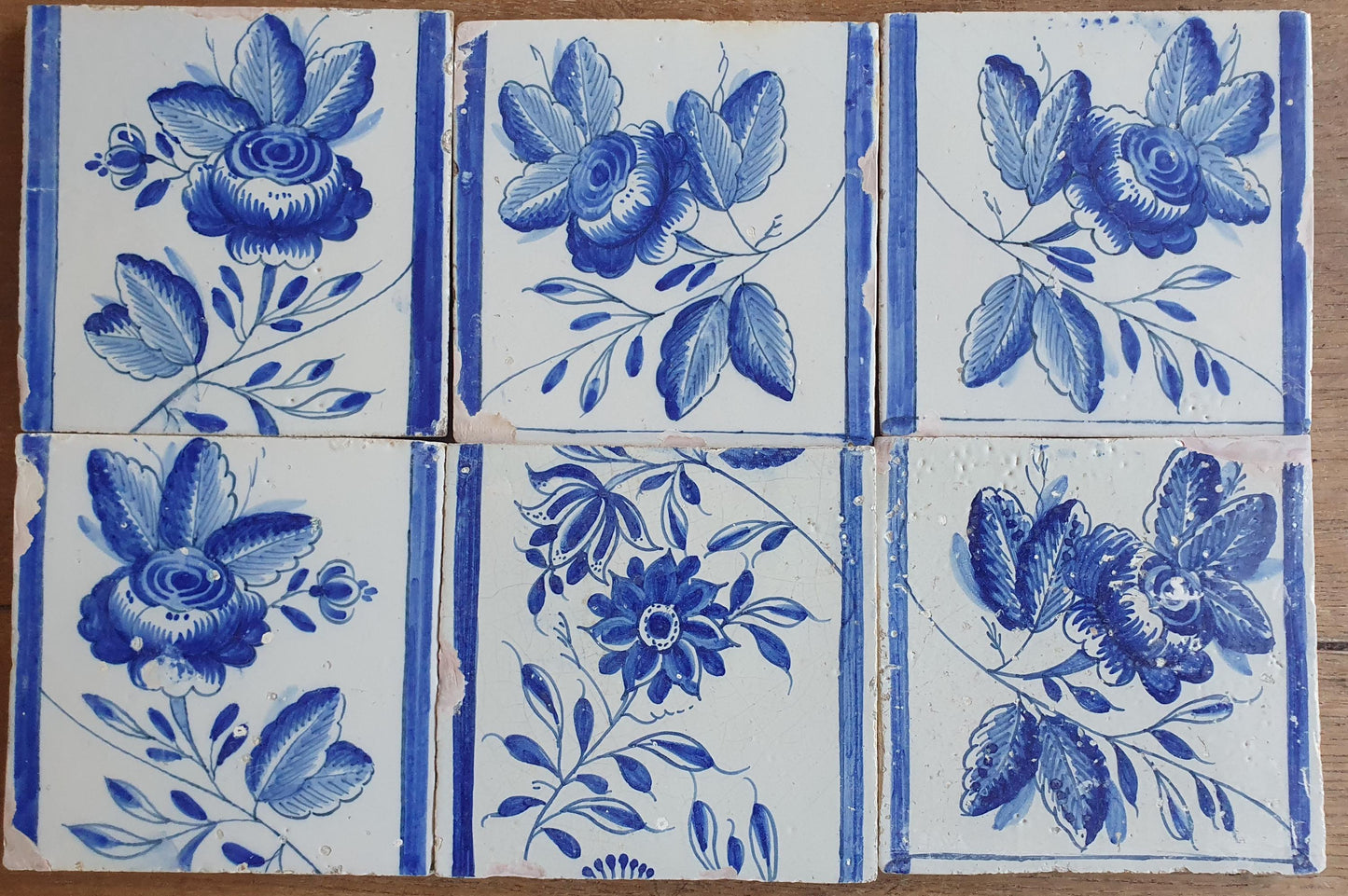 6 x Dutch Delft Blue Tiles, Flowers, 18th century, tilepanel antique collectable and backsplash fireplace kitchen tiles Set of 6