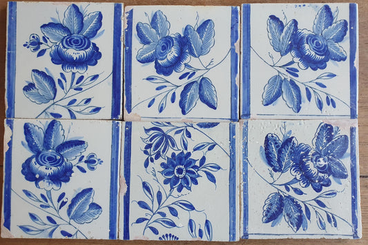 6 x Dutch Delft Blue Tiles, Flowers, 18th century, tilepanel antique collectable and backsplash fireplace kitchen tiles Set of 6