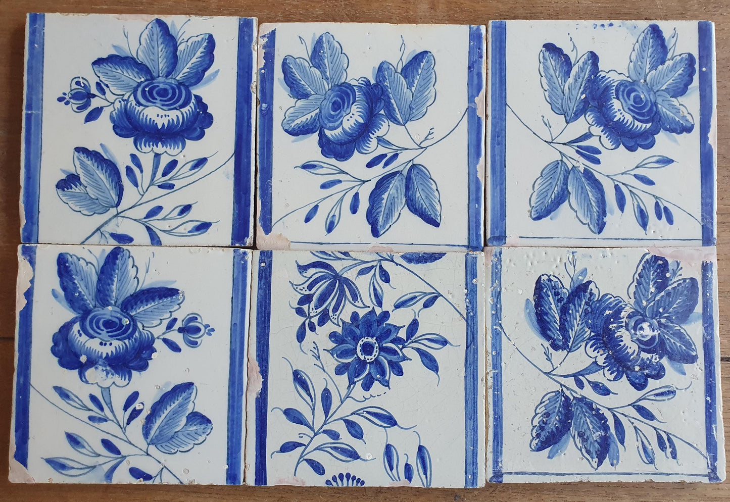 6 x Dutch Delft Blue Tiles, Flowers, 18th century, tilepanel antique collectable and backsplash fireplace kitchen tiles Set of 6