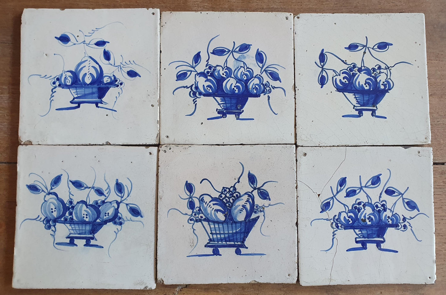 6 x Dutch Delft Blue Tiles, Fruit bowl, 18th century, tilepanel antique collectable and backsplash fireplace kitchen tiles Set of 6
