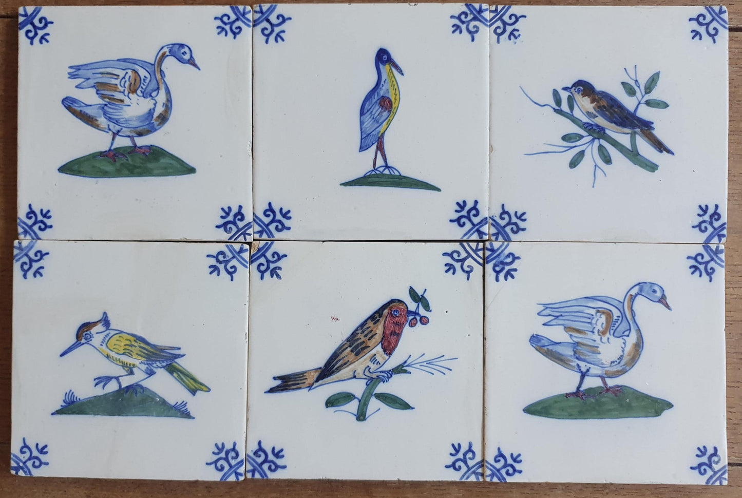 6 x Dutch Delft Blue Tilefield, Birds, 20th century, tilepanel antique collectable and backsplash fireplace kitchen tiles, Set of 6.