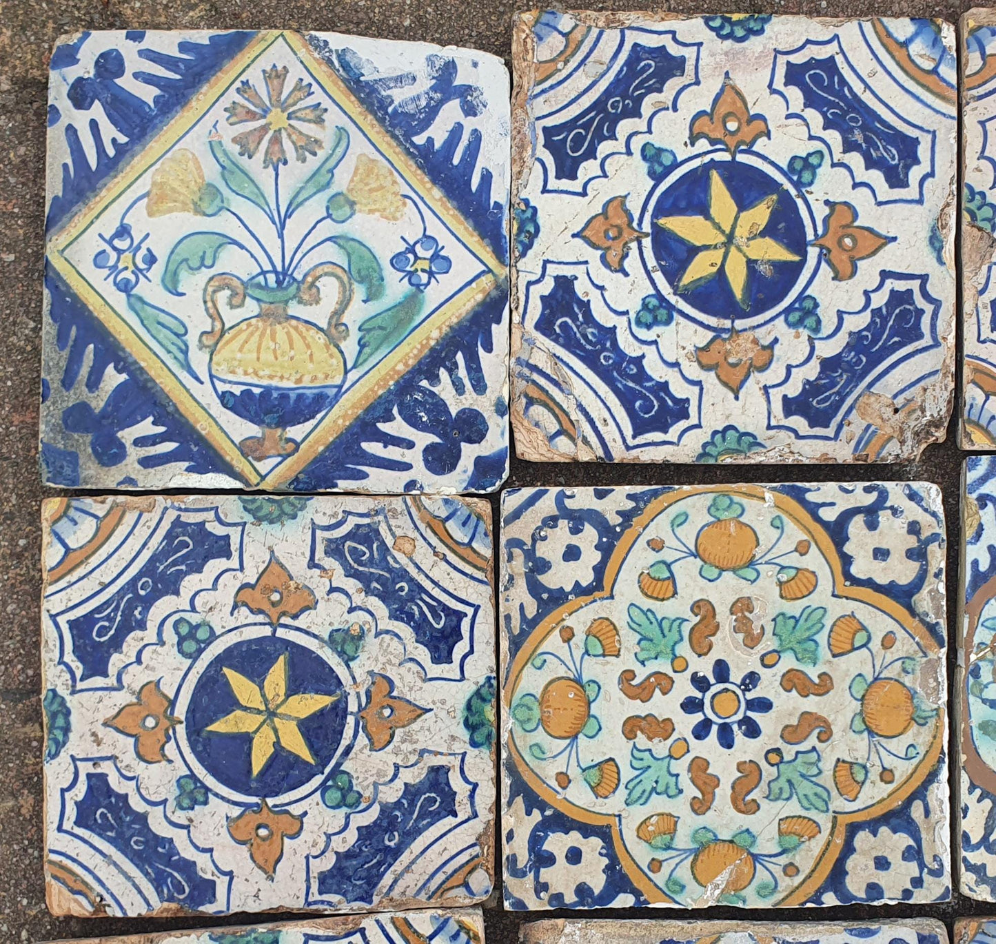 9 x Dutch Delft Blue Tile shards, ornament, 17th century, antique collectable and backsplash fireplace kitchen tiles.