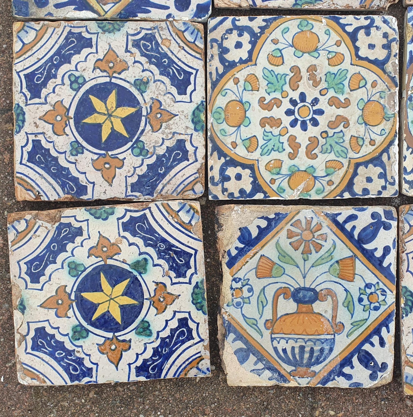 9 x Dutch Delft Blue Tile shards, ornament, 17th century, antique collectable and backsplash fireplace kitchen tiles.