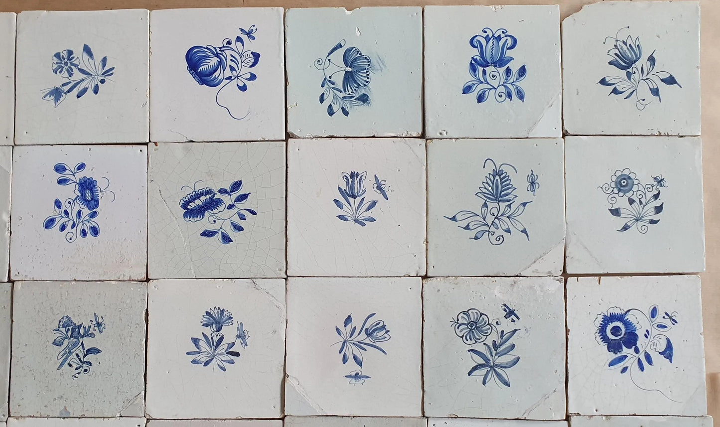 30 Antique Delft Tiles, 18th-19th Century, Floral Blue, 5.1x5.1 inch