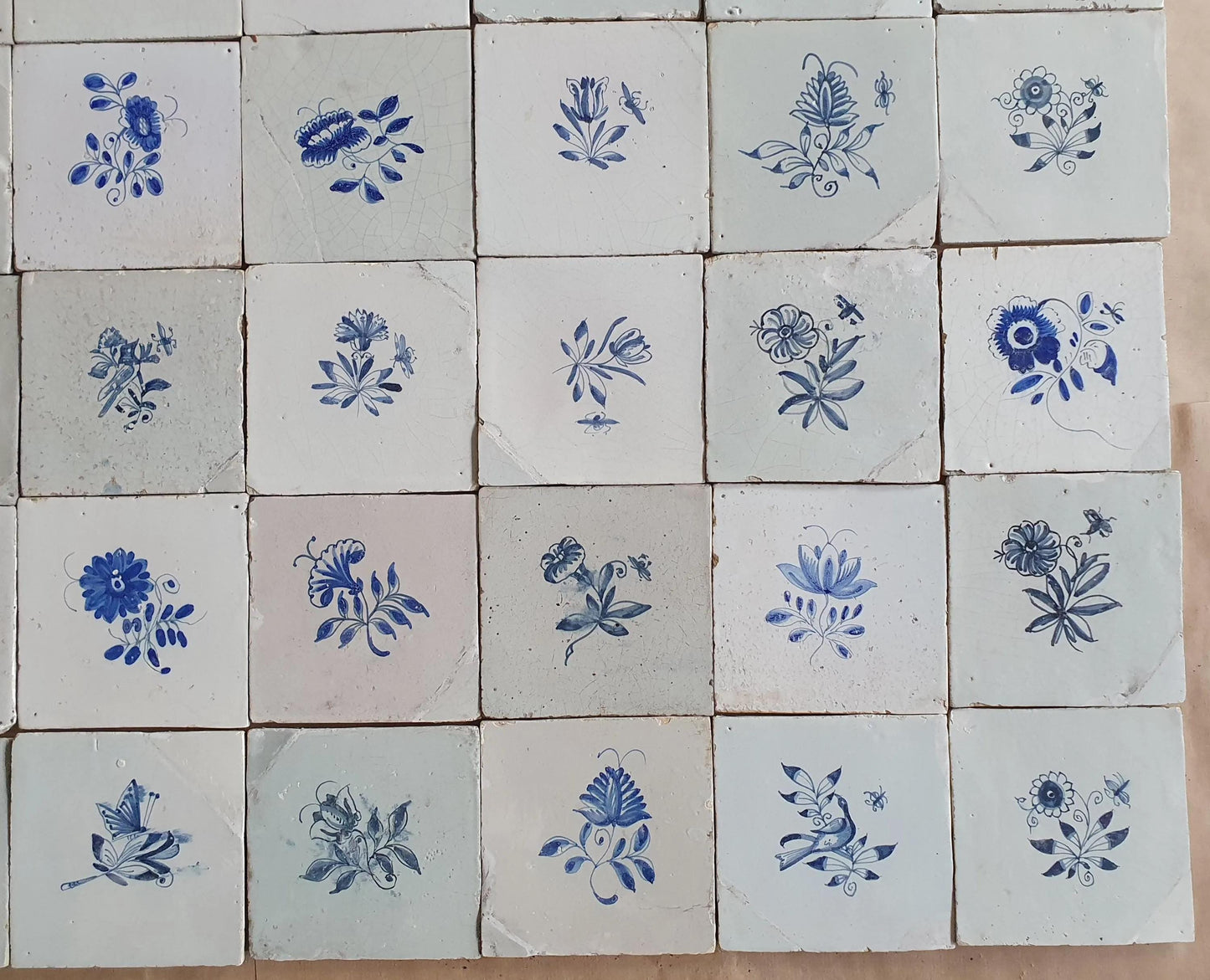 30 Antique Delft Tiles, 18th-19th Century, Floral Blue, 5.1x5.1 inch
