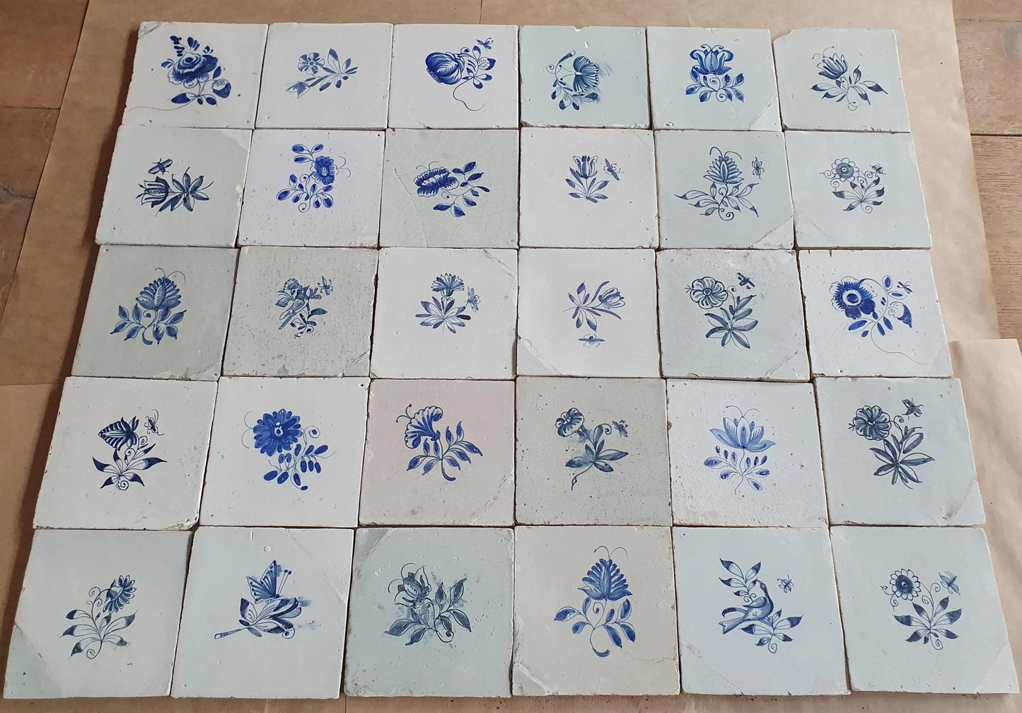 30 Antique Delft Tiles, 18th-19th Century, Floral Blue, 5.1x5.1 inch