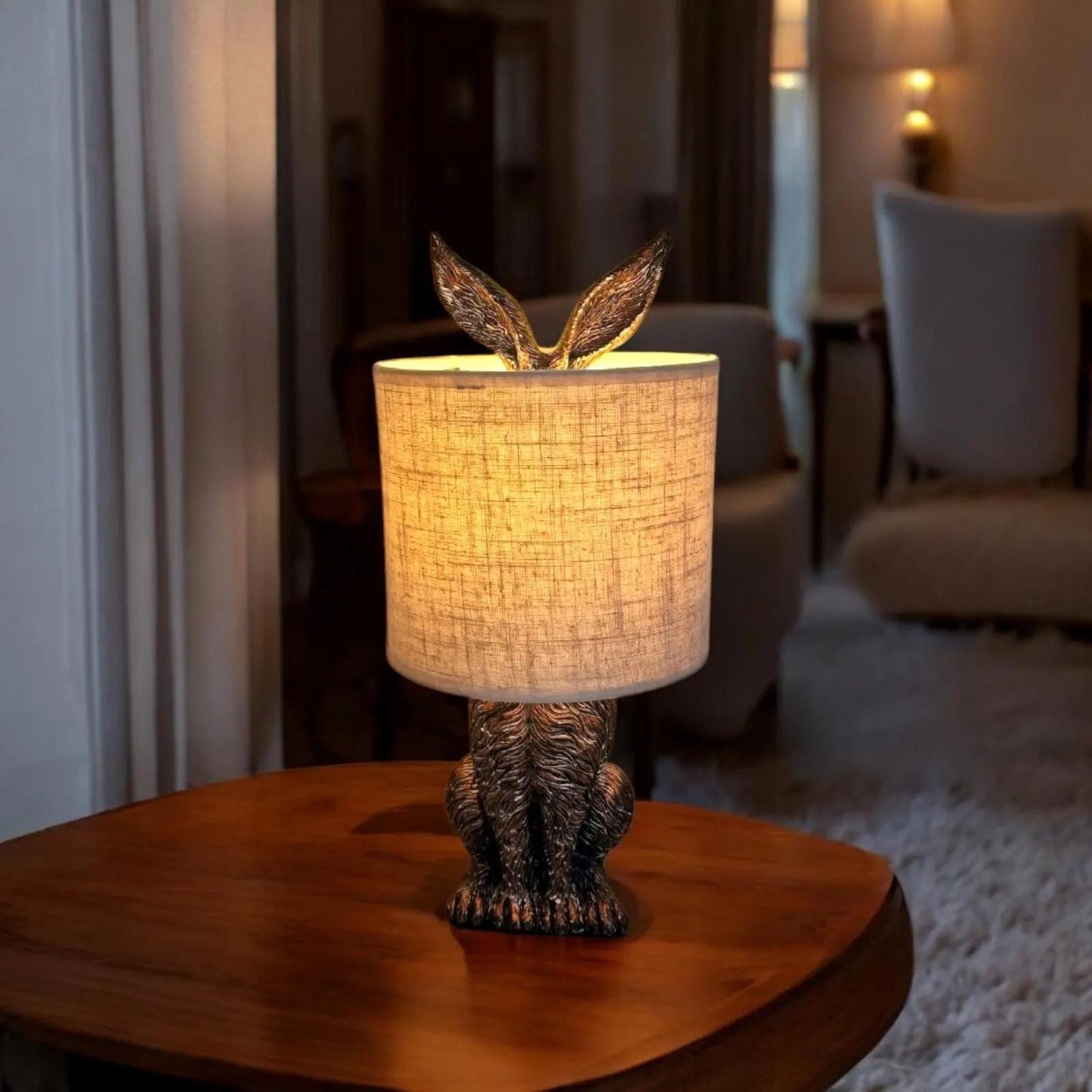 Bronze Rabbit Table Lamp, Beige Shade, Vintage Style