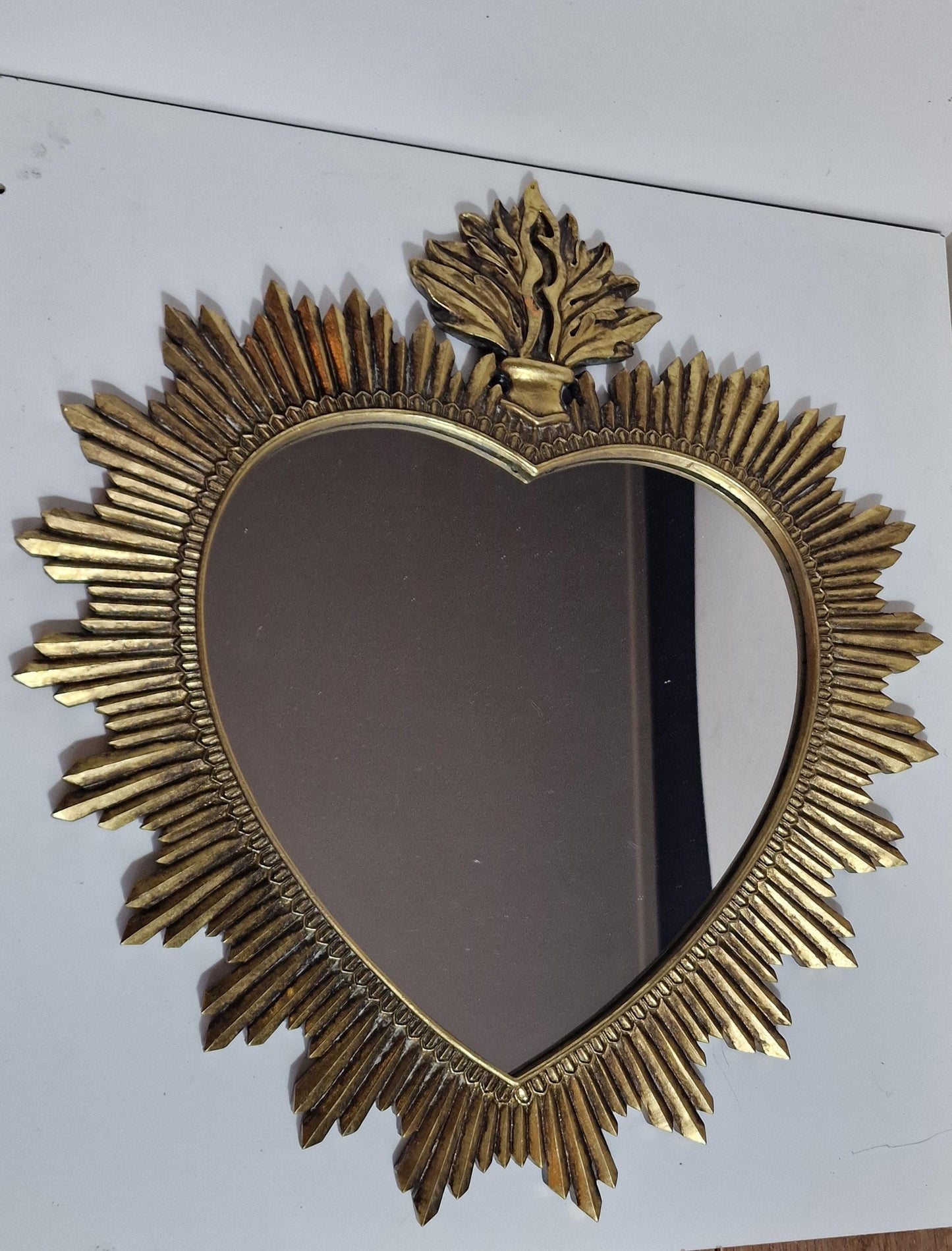 vintage large sacred heart mirror sunbeam sunray , 52 x 49 cm,  gilt wood