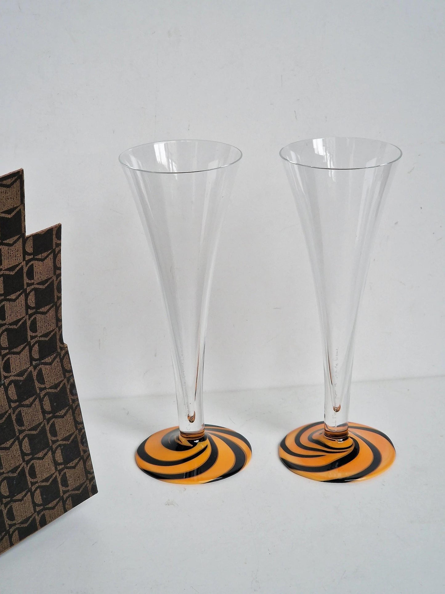 Carlo Moretti Murano Glass Champagne Flutes, Hand Engraved, Rare