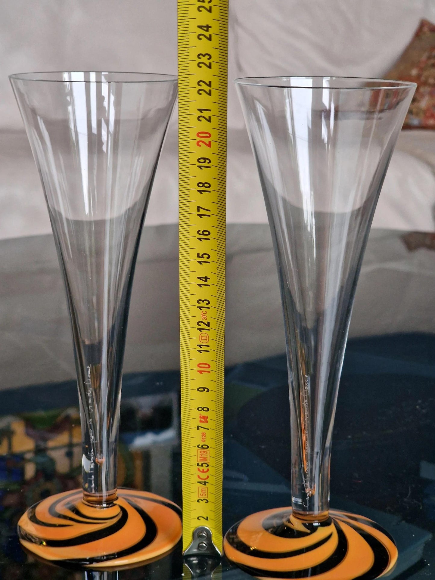 Carlo Moretti Murano Glass Champagne Flutes, Hand Engraved, Rare
