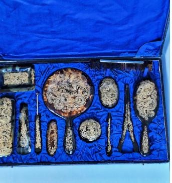 dressing table set toilet set antique Hong Kong China Art Nouveau vintage vanity set ca 1920-1930 FAUX tortoi shell celluloid between Art Deco Nouveau