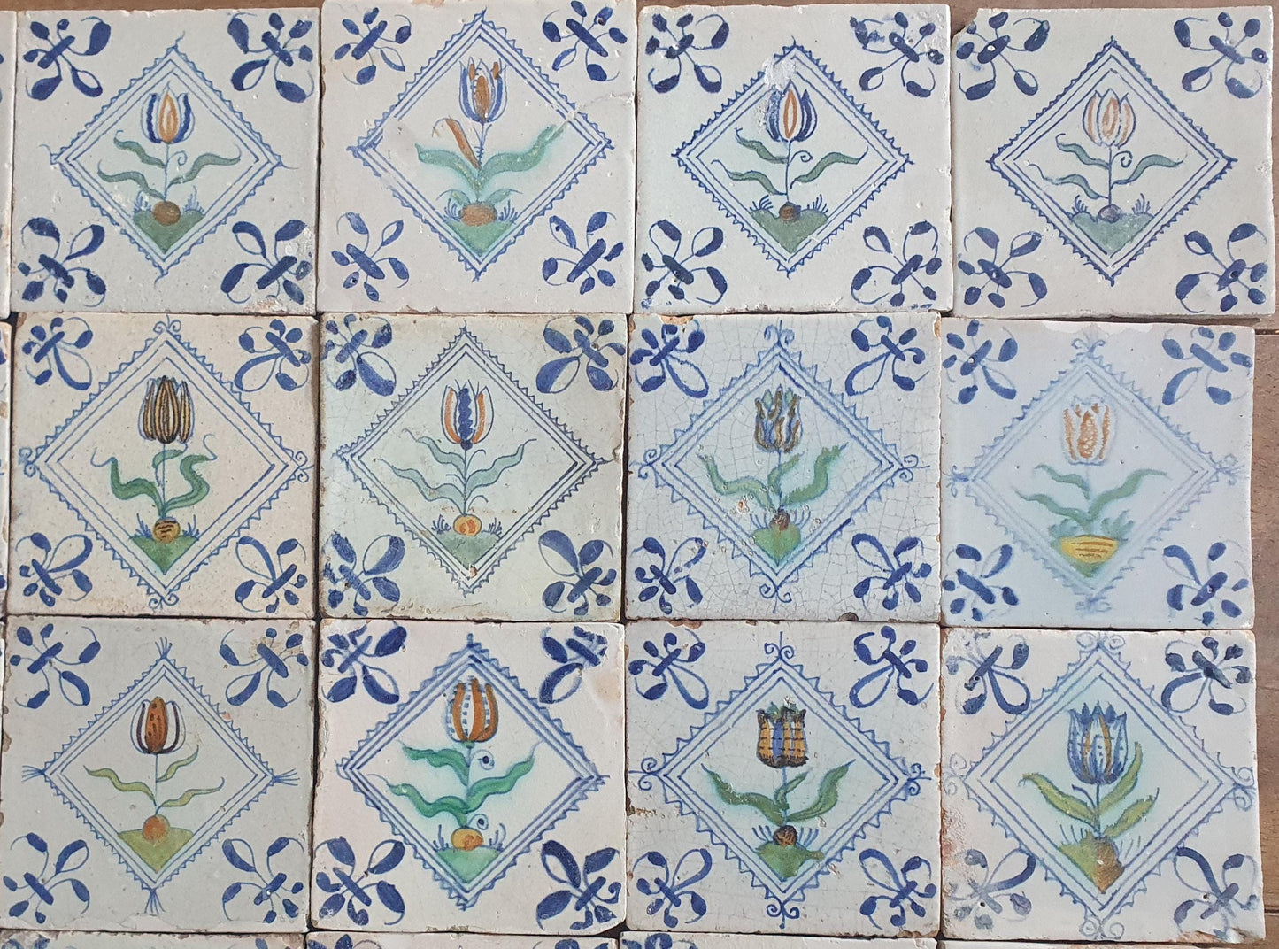 35 x Dutch Delft Blue Tilefield, Tulip squared, 17th century, antique collectable and backsplash fireplace kitchen tiles, Set of 35.