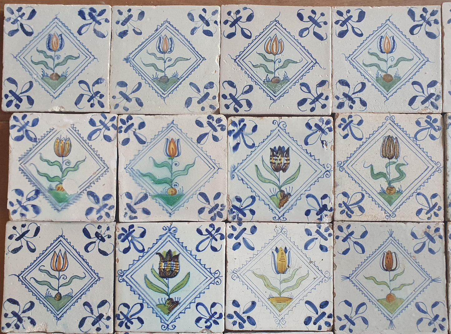 35 x Dutch Delft Blue Tilefield, Tulip squared, 17th century, antique collectable and backsplash fireplace kitchen tiles, Set of 35.