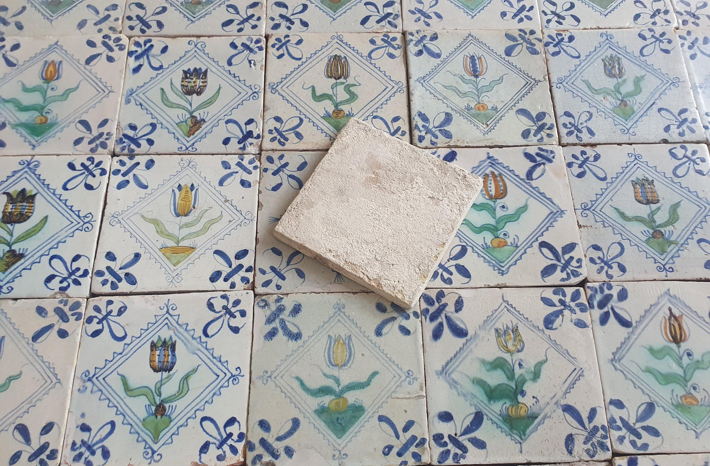 35 x Dutch Delft Blue Tilefield, Tulip squared, 17th century, antique collectable and backsplash fireplace kitchen tiles, Set of 35.