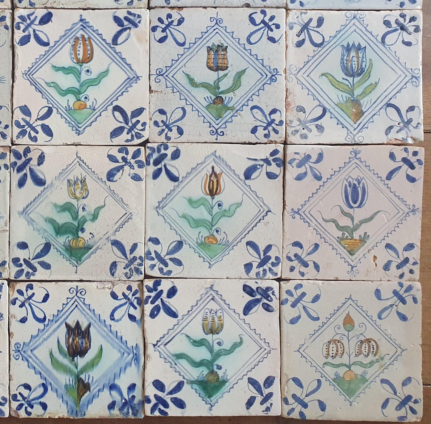 35 x Dutch Delft Blue Tilefield, Tulip squared, 17th century, antique collectable and backsplash fireplace kitchen tiles, Set of 35.